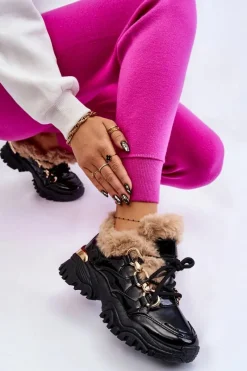 Sale Damskie Ocieplane Buty Sportowe Sznurowane Czarne Kerberos Damskie Sneakersy Damskie|Botki Sznurowane