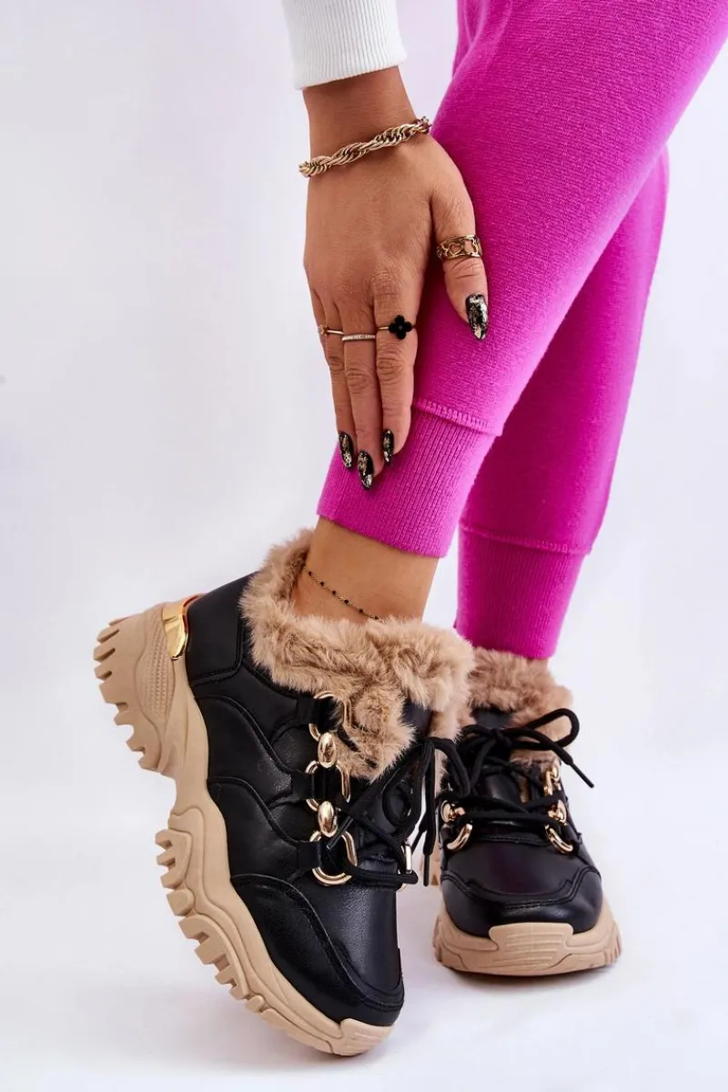 Sneakersy Damskie|Botki Sznurowane>Boto Damskie Ocieplane Buty Sportowe Sznurowane Czarno Beżowe Kerberos