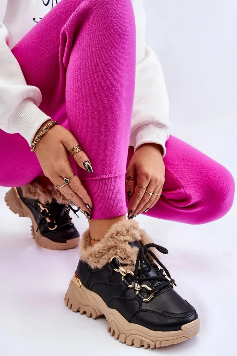 Sneakersy Damskie|Botki Sznurowane>Boto Damskie Ocieplane Buty Sportowe Sznurowane Czarno Beżowe Kerberos