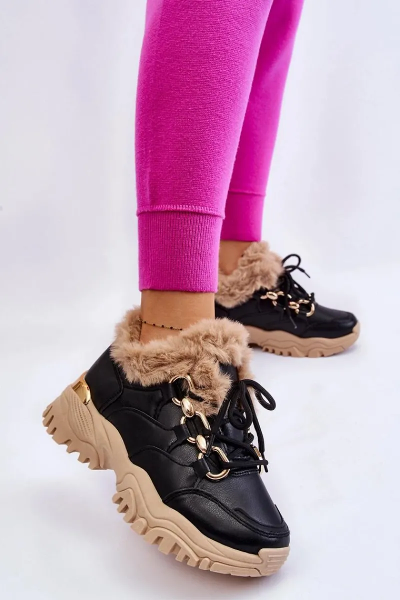 Sneakersy Damskie|Botki Sznurowane>Boto Damskie Ocieplane Buty Sportowe Sznurowane Czarno Beżowe Kerberos