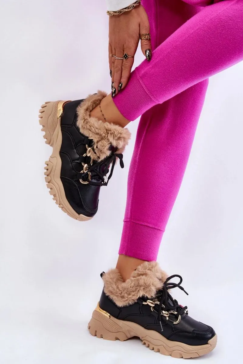 Sneakersy Damskie|Botki Sznurowane>Boto Damskie Ocieplane Buty Sportowe Sznurowane Czarno Beżowe Kerberos