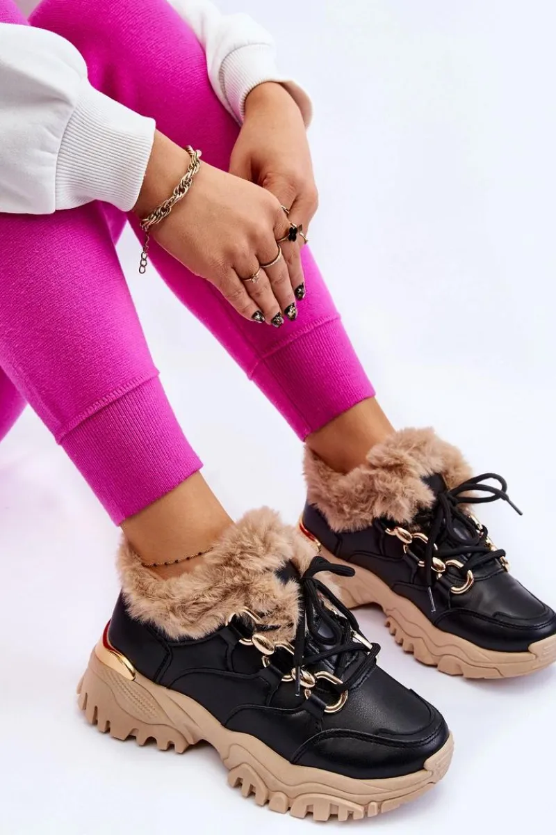 Sneakersy Damskie|Botki Sznurowane>Boto Damskie Ocieplane Buty Sportowe Sznurowane Czarno Beżowe Kerberos