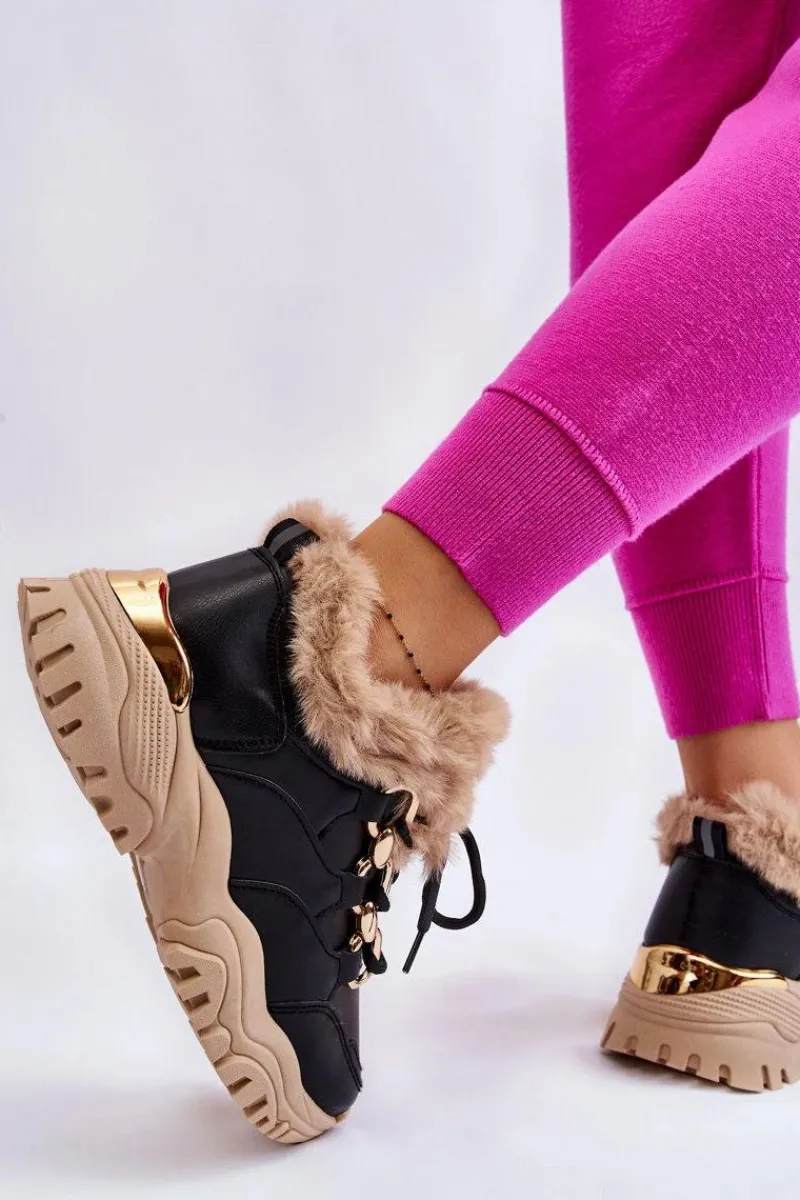 Sneakersy Damskie|Botki Sznurowane>Boto Damskie Ocieplane Buty Sportowe Sznurowane Czarno Beżowe Kerberos