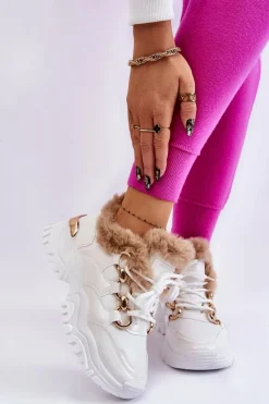 Outlet Boto Damskie Ocieplane Buty Sportowe Sznurowane Białe Kerberos