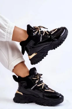 Boto Damskie Ocieplane Buty Sportowe Trapery Czarne Edora
