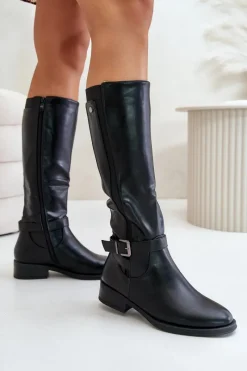 Damskie Ocieplane Kozaki Na Płaskim Obcasie Ze Złotą Klamrą Czarne Arsisna Damskie Kozaki Ocieplane|Kozaki Przed Kolano