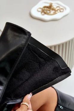 Damskie Ocieplane Kozaki Na Płaskim Obcasie Ze Złotą Klamrą Czarne Arsisna Damskie Kozaki Ocieplane|Kozaki Przed Kolano