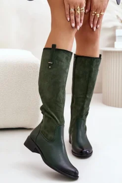 Damskie Ocieplane Kozaki Przed Kolano Na Zamek Zielone Ivasira Damskie Kozaki Ocieplane|Kozaki Płaskie