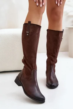 Outlet Damskie Ocieplane Kozaki Przed Kolano Na Zamek Brązowe Ivasira Damskie Kozaki Płaskie|Kozaki Przed Kolano
