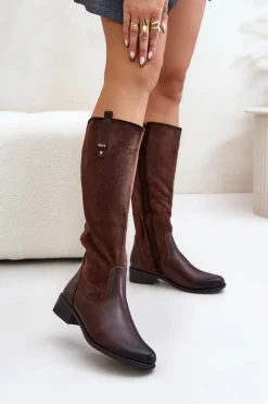Outlet Damskie Ocieplane Kozaki Przed Kolano Na Zamek Brązowe Ivasira Damskie Kozaki Płaskie|Kozaki Przed Kolano