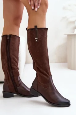 Outlet Damskie Ocieplane Kozaki Przed Kolano Na Zamek Brązowe Ivasira Damskie Kozaki Płaskie|Kozaki Przed Kolano