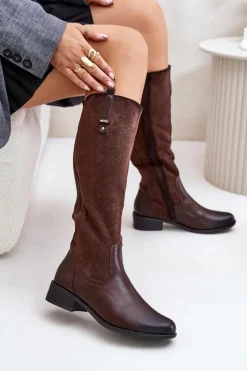 Outlet Damskie Ocieplane Kozaki Przed Kolano Na Zamek Brązowe Ivasira Damskie Kozaki Płaskie|Kozaki Przed Kolano