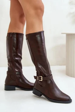 Best Damskie Ocieplane Kozaki Na Płaskim Obcasie Ze Złotą Klamrą Brązowe Arsisna Damskie Kozaki Ocieplane|Kozaki Przed Kolano