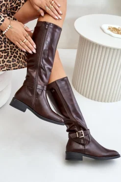 Best Damskie Ocieplane Kozaki Na Płaskim Obcasie Ze Złotą Klamrą Brązowe Arsisna Damskie Kozaki Ocieplane|Kozaki Przed Kolano