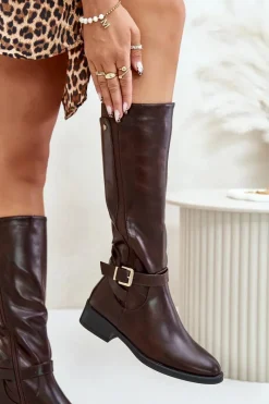 Best Damskie Ocieplane Kozaki Na Płaskim Obcasie Ze Złotą Klamrą Brązowe Arsisna Damskie Kozaki Ocieplane|Kozaki Przed Kolano