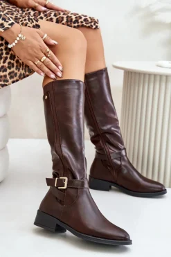 Best Damskie Ocieplane Kozaki Na Płaskim Obcasie Ze Złotą Klamrą Brązowe Arsisna Damskie Kozaki Ocieplane|Kozaki Przed Kolano