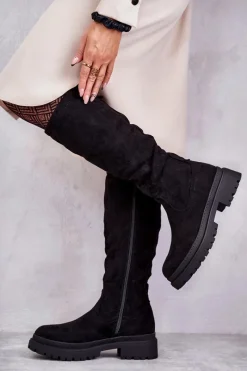 Online Damskie Ocieplane Kozaki Do Kolana Czarne Helma Damskie Kozaki Płaskie|Kozaki Przed Kolano