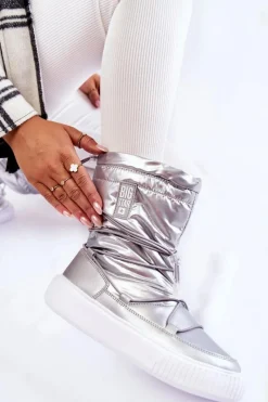 Sale Damskie Ocieplane Śniegowce Big Star KK274195 Srebrne Damskie Śniegowce Damskie