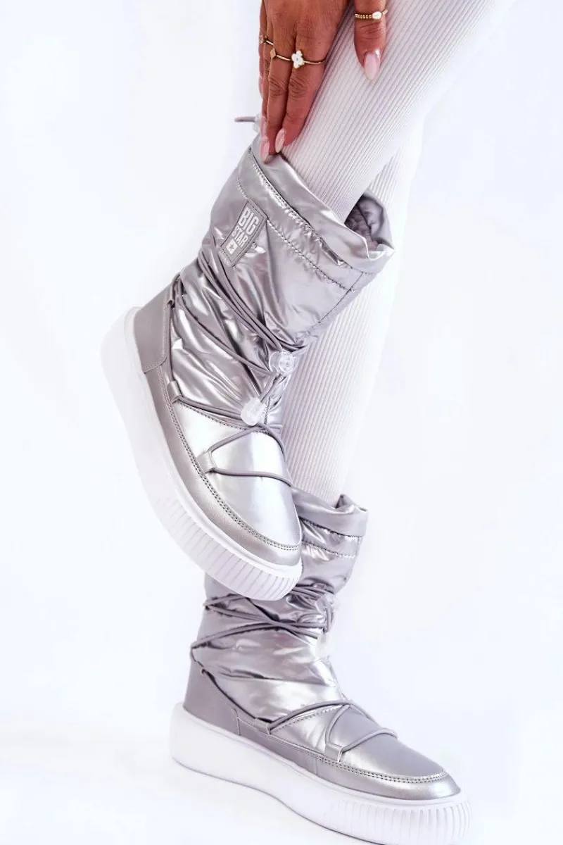 Sale Damskie Ocieplane Śniegowce Big Star KK274195 Srebrne Damskie Śniegowce Damskie