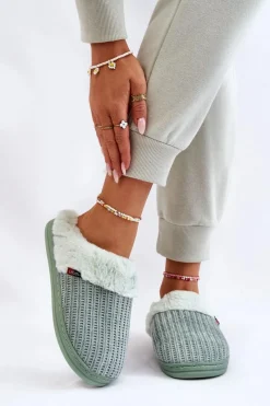 Clearance Boto Damskie Ocieplane Papcie Wsuwane Z Futerkiem Zielone Leriss