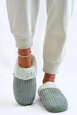 Clearance Boto Damskie Ocieplane Papcie Wsuwane Z Futerkiem Zielone Leriss