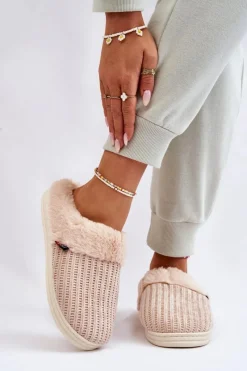 Online Damskie Ocieplane Papcie Wsuwane Z Futerkiem Beżowe Leriss Damskie Kapcie Klasyczne