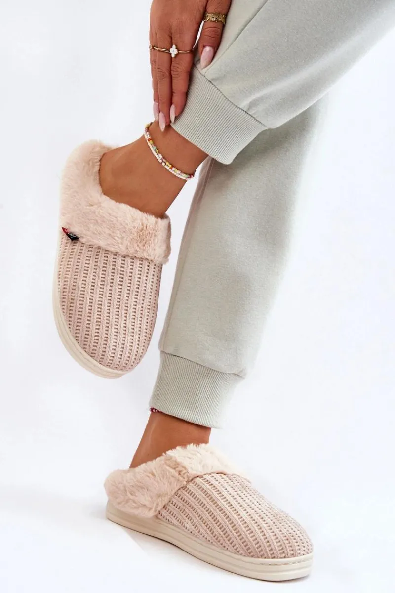 Online Damskie Ocieplane Papcie Wsuwane Z Futerkiem Beżowe Leriss Damskie Kapcie Klasyczne