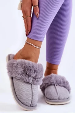 Kapcie Klasyczne>Boto Damskie Ocieplane Papcie Z Futerkiem Szare Franco