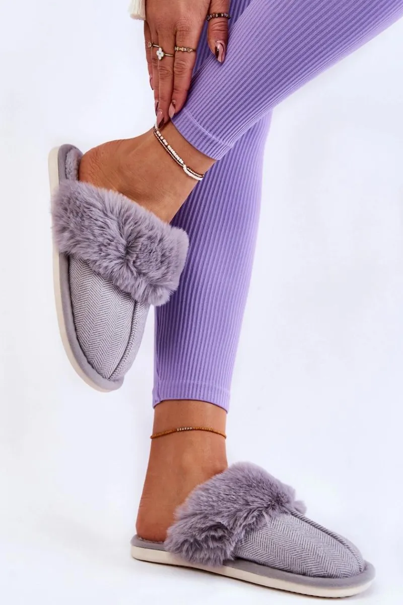 Kapcie Klasyczne>Boto Damskie Ocieplane Papcie Z Futerkiem Szare Franco