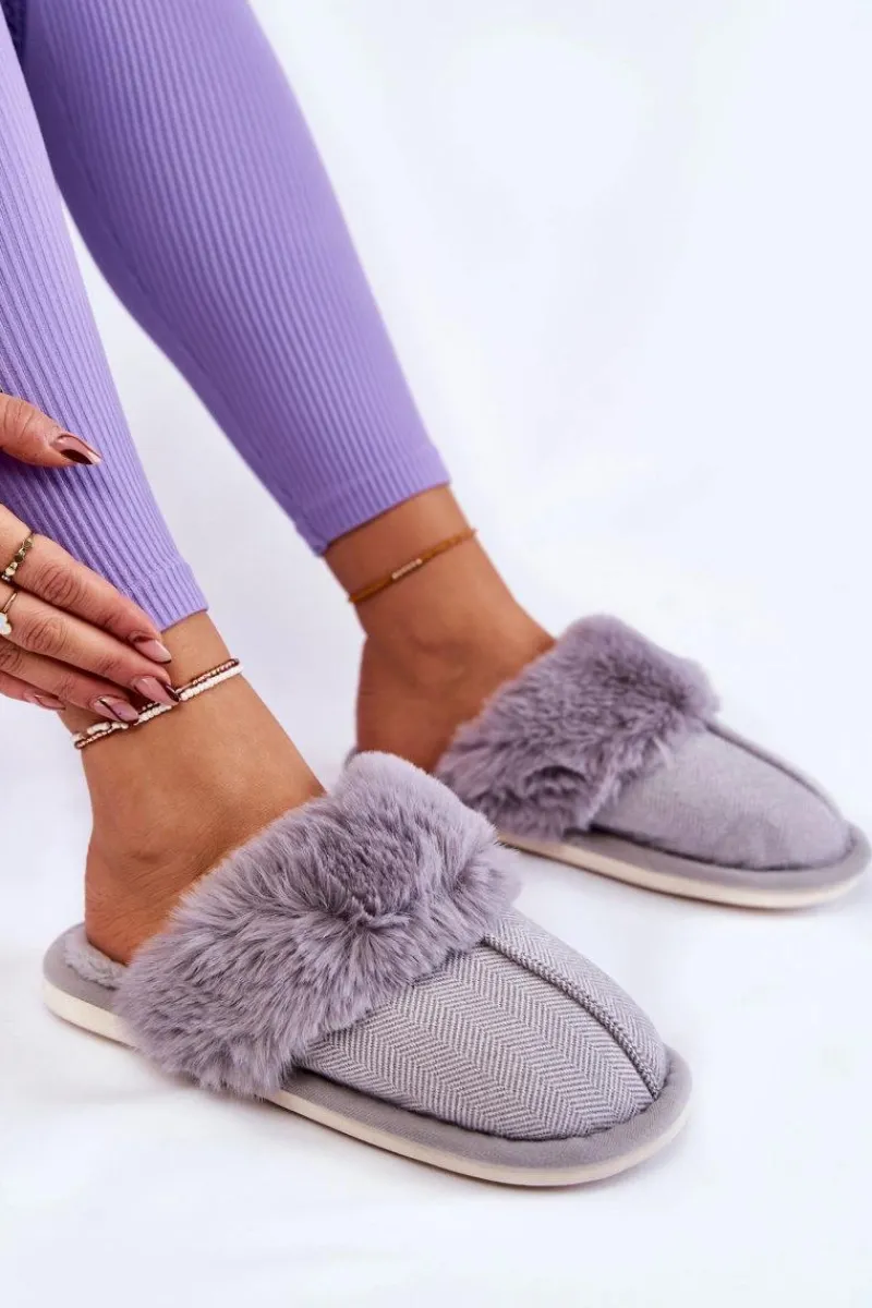Kapcie Klasyczne>Boto Damskie Ocieplane Papcie Z Futerkiem Szare Franco