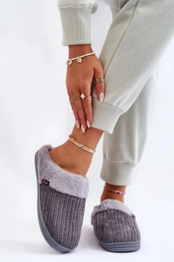 Damskie Ocieplane Papcie Wsuwane Z Futerkiem Szare Leriss Damskie Kapcie Klasyczne