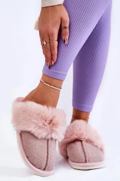 Hot Damskie Ocieplane Papcie Z Futerkiem Beżowo-Różowe Franco Damskie Kapcie Klasyczne