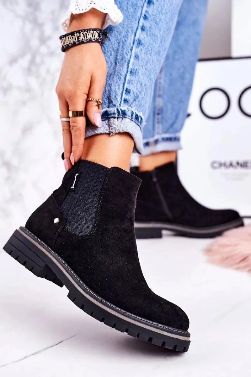 Botki Zimowe Damskie|Czarne Botki>Boto Damskie Ocieplane Sztyblety Botki Czarne Zamszowe Traveler