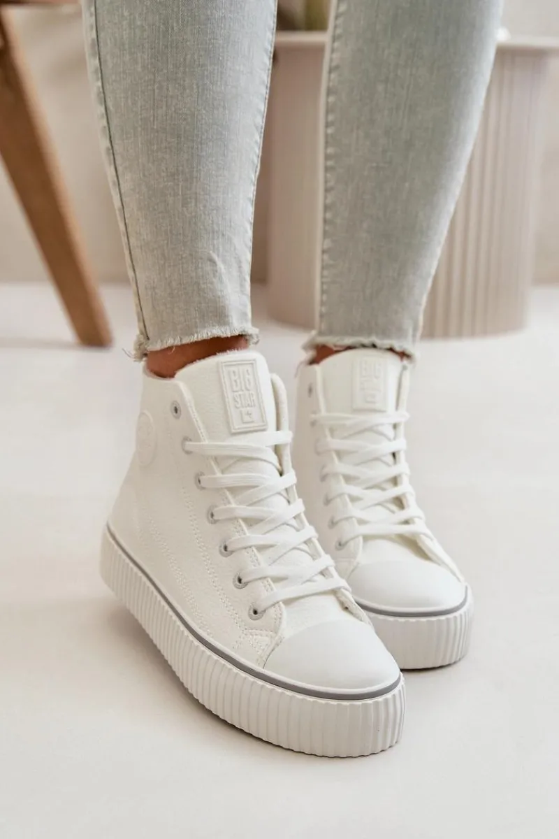 Trampki Damskie Big Star|Trampki Damskie Wysokie>Big Star Shoes Damskie Ocieplane Trampki Z Eko Skóry Big Star OO274788 Białe Biały