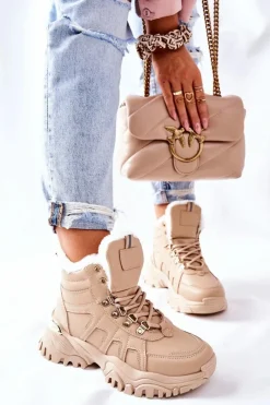 Botki Sznurowane|Botki Zimowe Damskie>Boto Damskie Ocieplane Trapery Beżowe Hareshaw