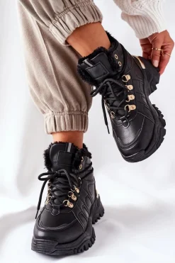 Damskie Ocieplane Trapery Czarne Hareshaw Damskie Botki Sznurowane|Czarne Botki