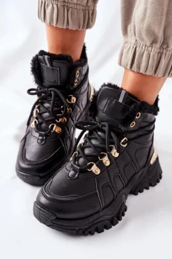 Damskie Ocieplane Trapery Czarne Hareshaw Damskie Botki Sznurowane|Czarne Botki