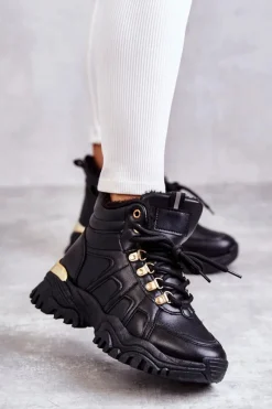 Damskie Ocieplane Trapery Czarne Hareshaw Damskie Botki Sznurowane|Czarne Botki