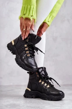 Damskie Ocieplane Trapery Czarne Hareshaw Damskie Botki Sznurowane|Czarne Botki