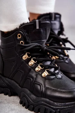 Damskie Ocieplane Trapery Czarne Hareshaw Damskie Botki Sznurowane|Czarne Botki