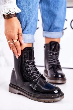 Damskie Trapery|Botki Sznurowane>Boto Damskie Ocieplane Trapery Glany Lakierowane Czarne Thunder