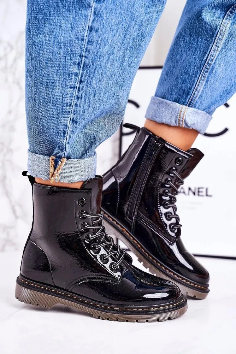 Damskie Trapery|Botki Sznurowane>Boto Damskie Ocieplane Trapery Glany Lakierowane Czarne Thunder