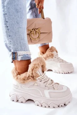 Botki Sznurowane|Botki Zimowe Damskie>Boto Damskie Ocieplane Trapery Jasno-Beżowe Limerick