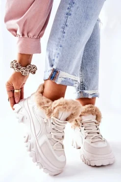 Botki Sznurowane|Botki Zimowe Damskie>Boto Damskie Ocieplane Trapery Jasno-Beżowe Limerick