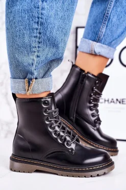 Online Boto Damskie Ocieplane Trapery Glany Matowe Czarne Thunder