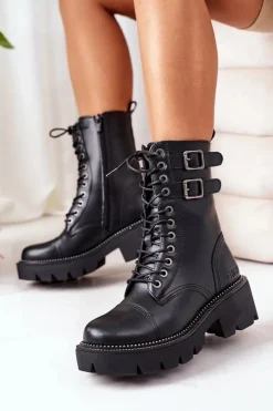 Sale Damskie Ocieplane Workery Big Star II274113 Czarne Damskie Damskie Trapery|Botki Sznurowane