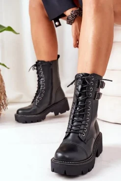 Sale Damskie Ocieplane Workery Big Star II274113 Czarne Damskie Damskie Trapery|Botki Sznurowane