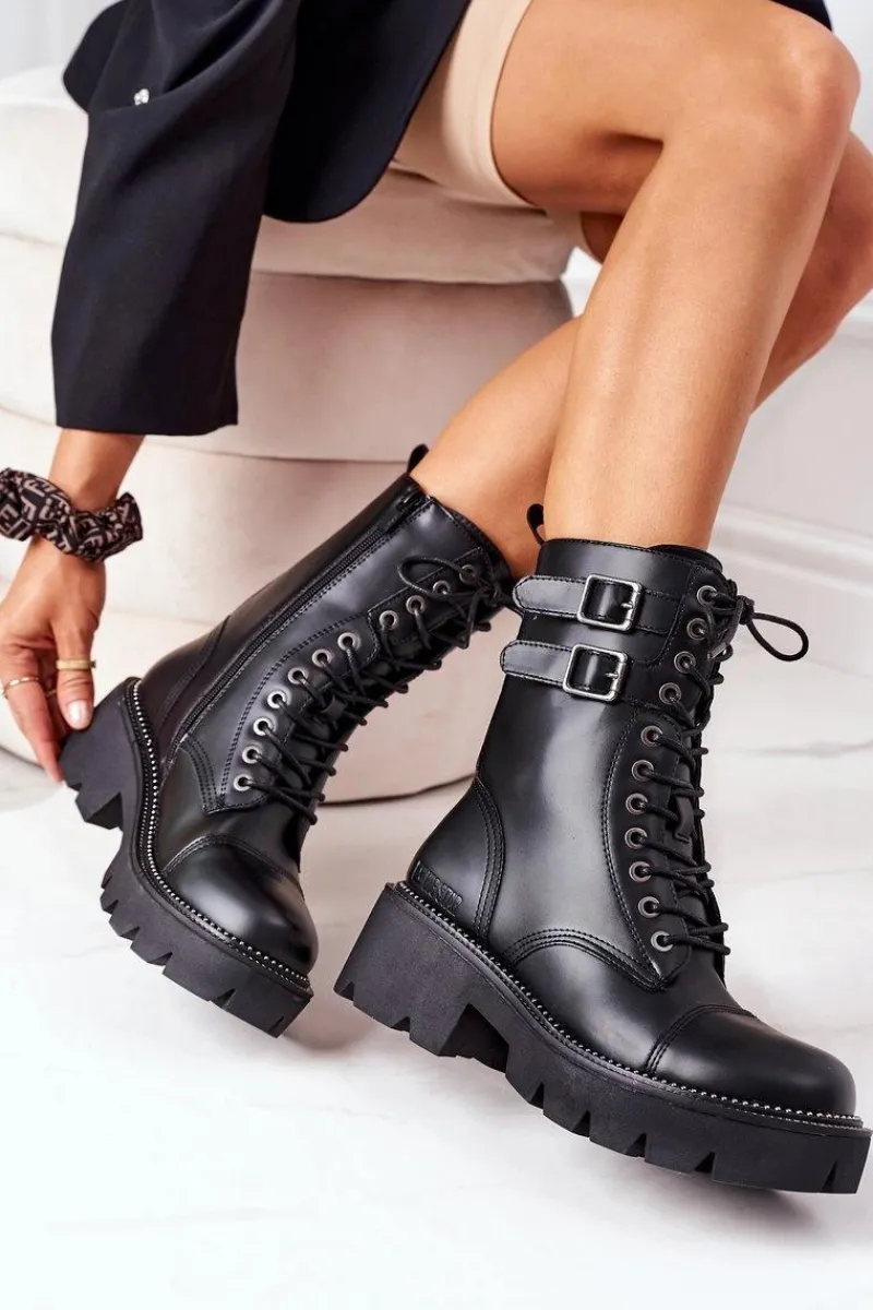 Sale Damskie Ocieplane Workery Big Star II274113 Czarne Damskie Damskie Trapery|Botki Sznurowane