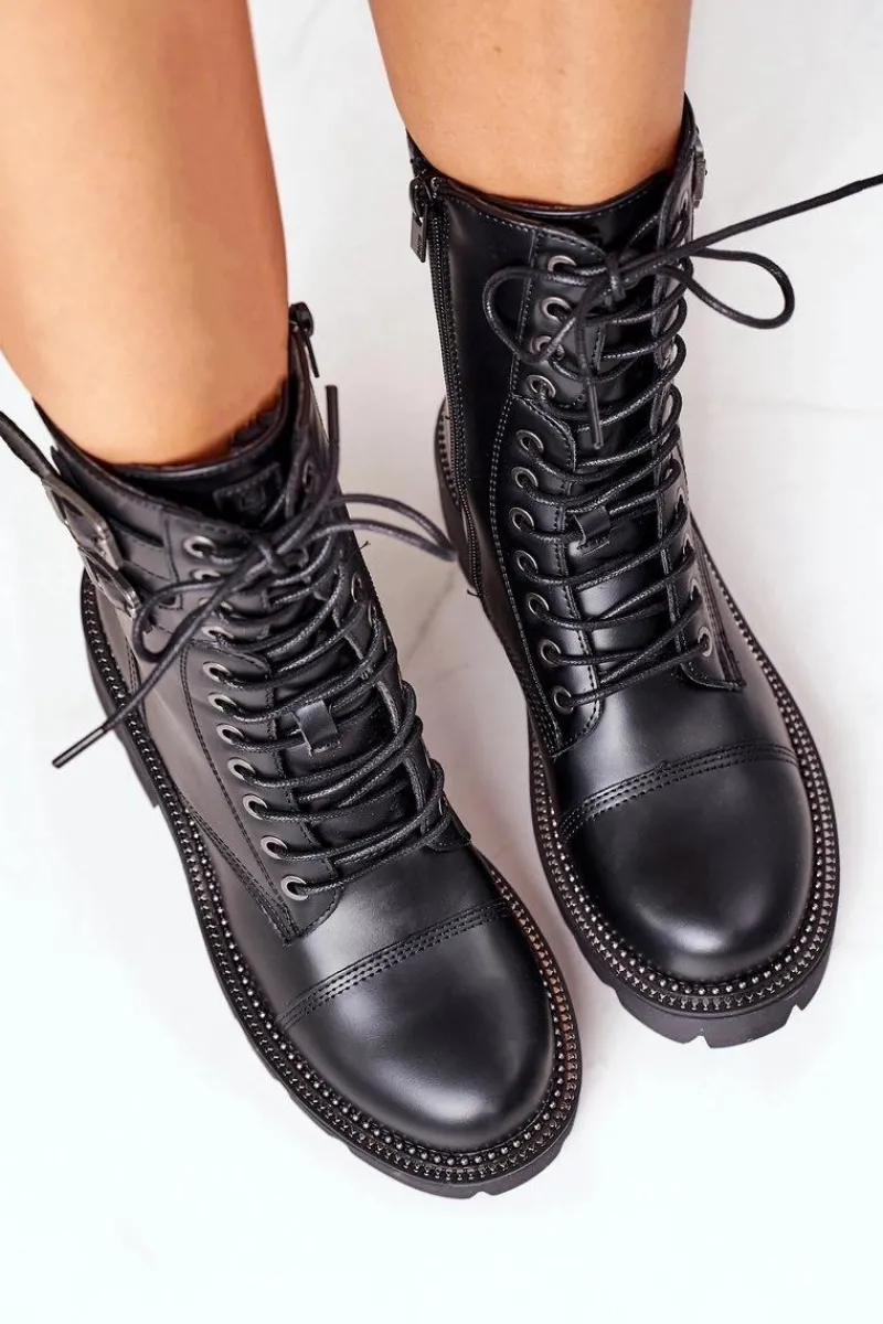 Sale Damskie Ocieplane Workery Big Star II274113 Czarne Damskie Damskie Trapery|Botki Sznurowane