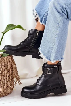 Damskie Ocieplane Workery EE2R4086C Czarne Damskie Botki Ocieplane|Botki Sznurowane